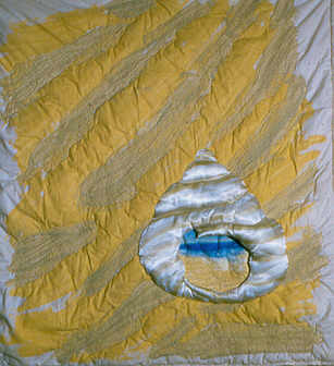 Distant Shores   1987  120cm x 100cm. Paint+hand stitchery incl quilting, soft sculpture.